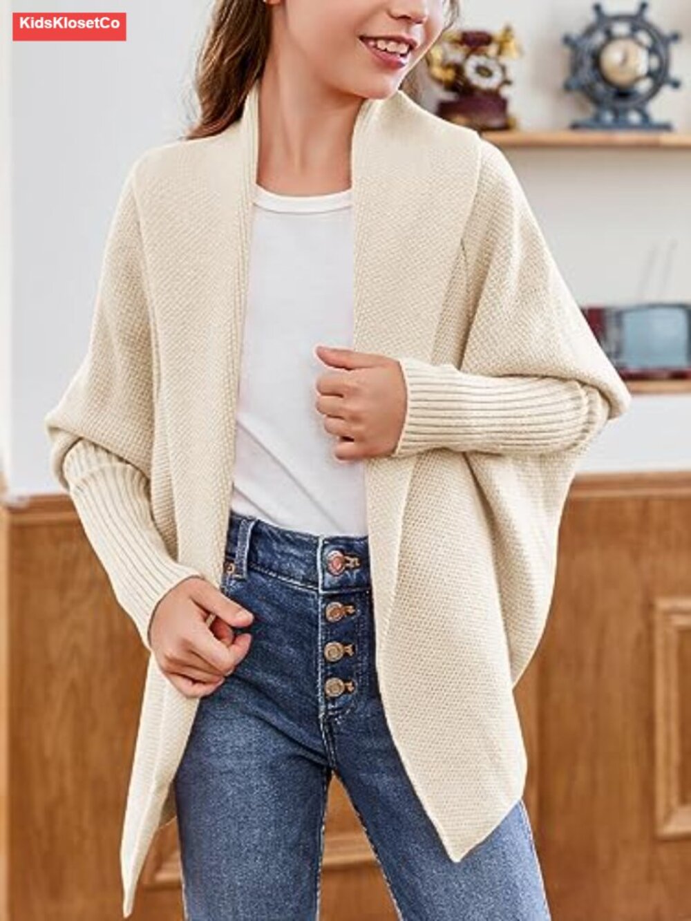Girls Open Front Cardigan Sweaters Batwing Long Sleeve Shawl Collar Ribbed Knit - Picture 4 of 6